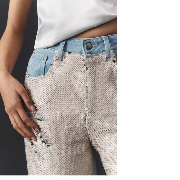 ANTHROPOLOGIE Pilcro Sequin High-Rise Wide-Leg Skater Jeans 28 blue nwt - Picture 3 of 5